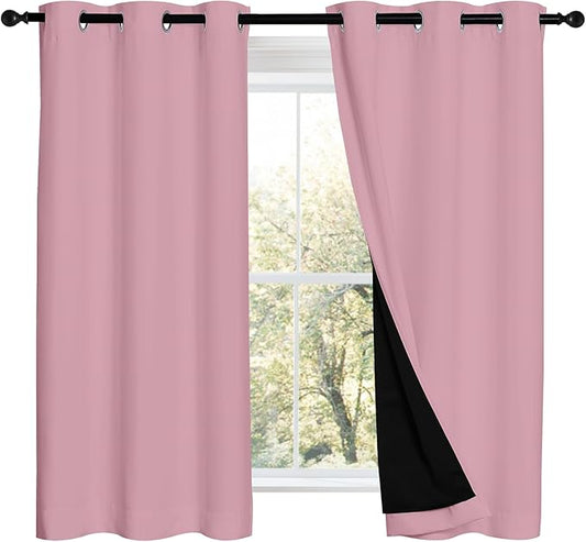 NICETOWN Crystal Pink 100% Blackout Curtains 2 Panels with Black Liners, Thermal Insulated Full Blackout 2-Layer Lined Drapes, Noise Cancellation Window Draperies for Dining Room (42" W by 54" L)