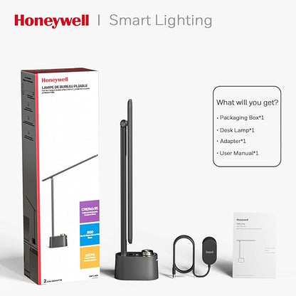 Honeywell Sunturalux™ LED Desk Lamp with USB Charging Ports HWT-H01 - Stepless Dimmable Eye Caring Desk Light for Home Office Bedroom Bedside College Dorm, Foldable Table Lamp Reading Lamp Black