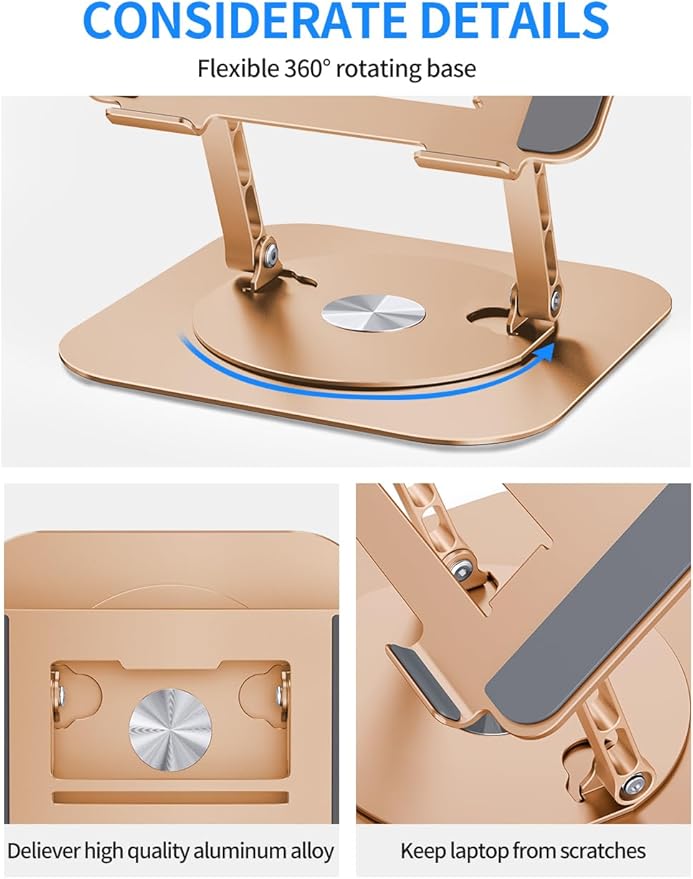 Adjustable Laptop Stand with 360 Rotating Base, Computer Stand for Laptop Ergonimic Foldable Laptop Riser for Desk Compatible with MacBook Pro/Air Notebook up to 16 Inches, Gold