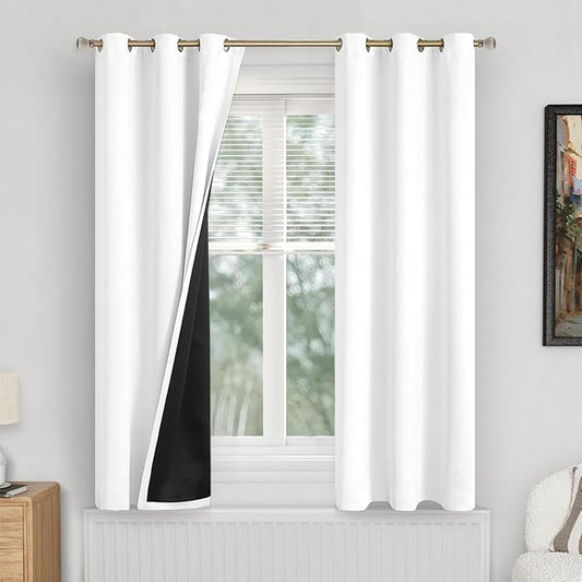 White Blackout Curtains for Bedroom 63 Inch Length 2 Panels Set, 100% Light Blocking Thermal Insulated Soundproof Grommet Curtains with Thick Black Liner for Narrow Window, Each 38 Inch Wide