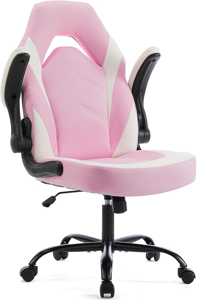 Sweetcrispy Computer Gaming Desk Chair - Pink Ergonomic Office Executive Adjustable Swivel Task PU Leather Racing Chair with Flip-up Armrest for Adults, Kids, Men, Girls, Gamer, White Pink