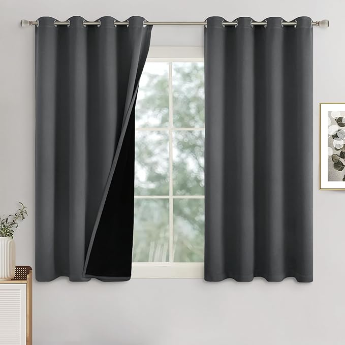 Dark Grey Blackout Curtains for Bedroom 54 Inch Length 2 Panels, 100% Light Blocking Thermal Insulated Soundproof Grommet Curtains with Thick Liner for Narrow Window, Each 52 Inch Wide