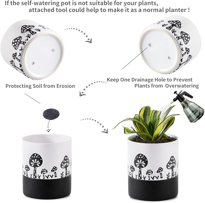 Nihow Self Watering Plant Pot: 6 Inch Ceramic Planter with Drainage Hole & Water Storage Plus for Indoor & Outdoor Plants - Cylinder Round Flower Pot for Succulent/Herbs/Violets -White & Black