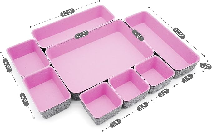 Welaxy desk drawer organizers tray dividers small shallow felt storage box sturdy soft bin for office suppliers entryway catchall key holder makeup crafts pens decluttering 8-piece (Light pink)