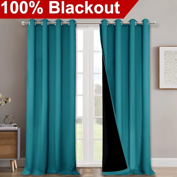 NICETOWN Peacock Teal 100% Blackout Curtains for Windows, Super Heavy-Duty Black Lined Total Darkness Drapes for Bedroom, Privacy Assured Window Treatment for Patio (2 PCs, 52 inches W x 108 inches L)