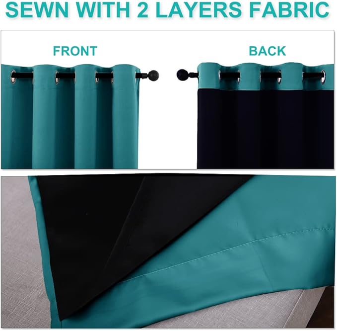 NICETOWN Peacock Teal 100% Blackout Lined Curtains, 2 Thick Layers Completely Blackout Window Treatment Panels Thermal Insulated Drapes for Kitchen (1 Pair, 42" Width x 63" Length Each Panel)