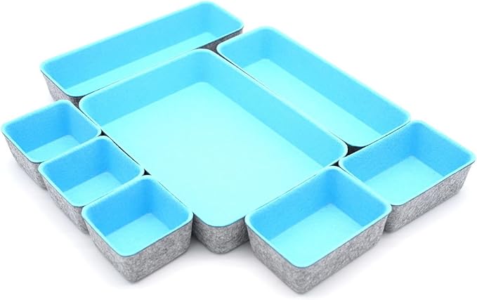 Welaxy desk drawer organizers tray dividers small felt storage box sturdy soft bin for office suppliers entryway catchall key holder makeup crafts pens decluttering 8-piece gift idea (Baby blue)