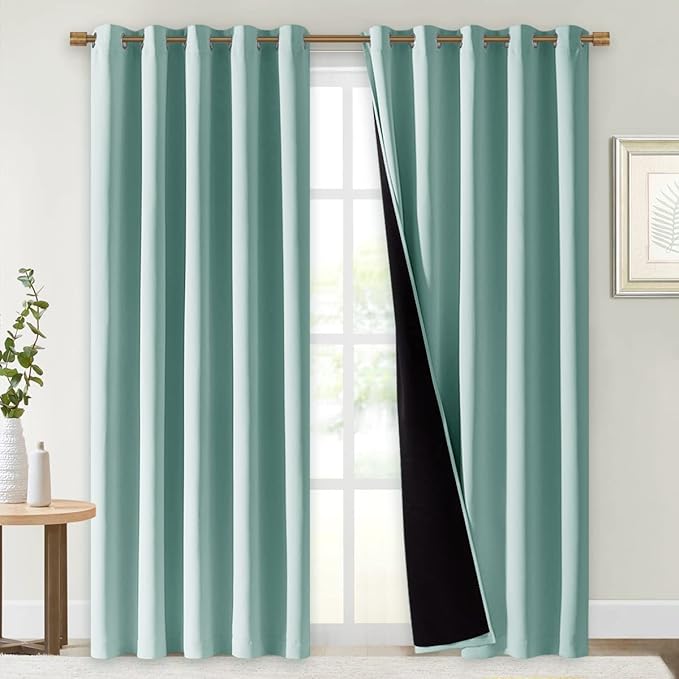 NICETOWN 100% Blackout Window Curtain Panels, Cold and Full Light Blocking Drapes with Black Liner for Nursery, 84" Drop Thermal Insulated Draperies (Aqua Blue, 2 Pieces, 70" Wide Each Panel)