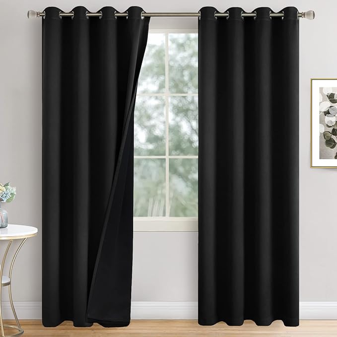 Black Blackout Curtains 84 Inch Length 2 Panels for Living Room, Thermal Insulated 100% Light Blocking Soundproof Grommet Window Curtains for Bedroom with Liner, Each 52 Inch Wide