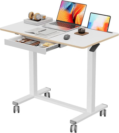 Mobile Standing Desk, 35inch Small Standing Desk with Drawer, Height Adjustable Rolling Sit Stand Desk, White Portable Laptop Desk with Hidden Wheels or Lockable Casters