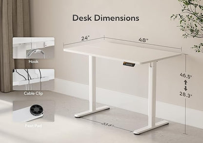 Electric Standing Desk, Adjustable Height Stand up Desk, 48x24 Inches Sit Stand Home Office Desk with Splice Board, White Frame/White Top