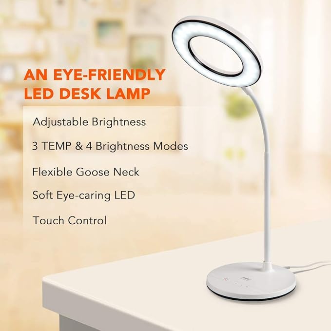 Miady LED Desk Lamp Eye-Caring Table Lamp, 3 Color Modes with 4 Levels of Brightness, Dimmable Office Lamp with Adapter, Touch Control Sensitive, 360° Flexible