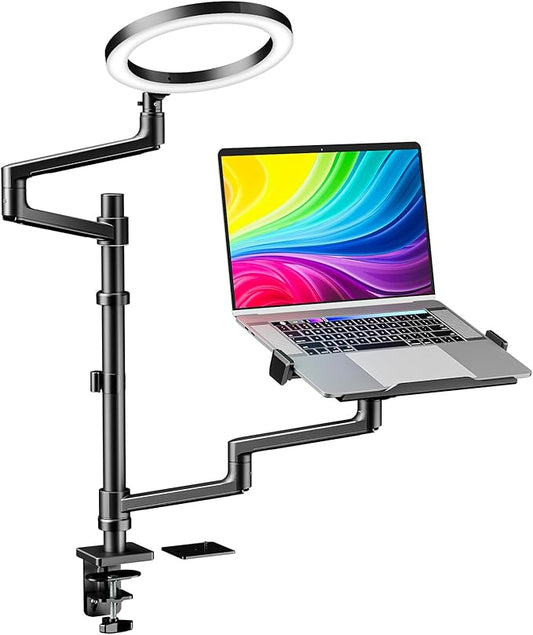 WALI Laptop Desk Mount, Laptop Stand for Desk with 10" LED Ring Light 3 Color&10Brightness, Height Adjustable Laptop and Monitor Stand for 17-32" Monitor/12-17 Laptop Home Office Online