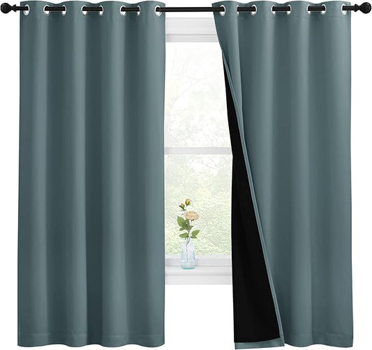 NICETOWN 100% Blackout Curtains with Black Liners, Thermal Insulated Full Blackout 2-Layer Lined Drapes, Energy Efficiency Window Draperies for Bedroom (Greyish Blue, 2 Panels, 55-inch W by 68-inch L)