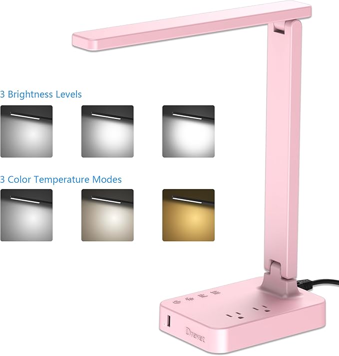 Drevet LED Desk Lamp, Desk Light with 1 USB Charging Port and 2 AC Power Outlet, 3 Lighting Modes, 3 Level Brightness,1H Timer, Touch Control, Eye-Caring Home Office Foldable Table Lamp (Pink)