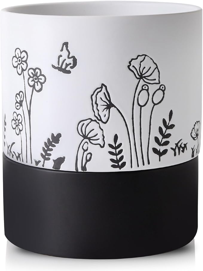 Nihow Self Watering Plant Pot: 6 Inch Ceramic Planter with Drainage Hole & Water Storage Plus for Indoor & Outdoor Plants - Cylinder Round Flower Pot for Succulent/Herbs/Violets -White