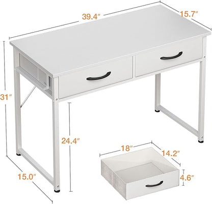 ODK 40 Inch Small Desk with Fabric Drawers- for Bedroom, White Vanity Desk with Storage, Home Office Computer Desk for Small Spaces, Modern Work Writing Study Table, White