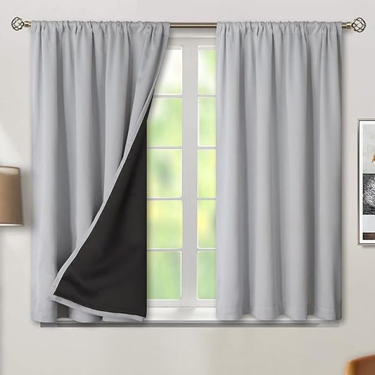 BGment Thermal Insulated 100% Blackout Curtains for Bedroom with Black Liner, Double Layer Full Room Darkening Noise Reducing Rod Pocket Curtain (52 x 45 Inch, Light Grey, 2 Panels)