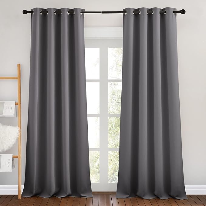 NICETOWN Bedroom Blackout Curtains 90 inch Length - Triple Weave Energy Saving Thermal Insulated Solid Grommet Blackout Draperies for Patio/Hall (1 Pair, 46 inches Wide, Grey)