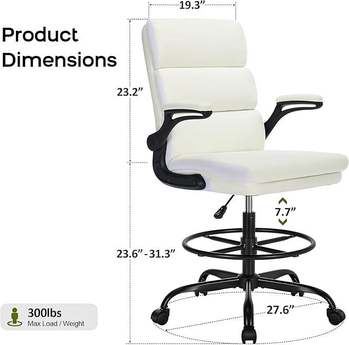 Drafting Chair Tall Office Chair with Padded Flip-up Armrests Executive Ergonomic Computer Standing Desk Chair with Comfortable Leather Backrest and Adjustable Footrest Ring (White)