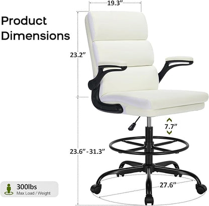 Drafting Chair Tall Office Chair with Padded Flip-up Armrests Executive Ergonomic Computer Standing Desk Chair with Comfortable Leather Backrest and Adjustable Footrest Ring (White)