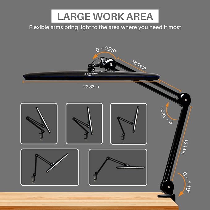 Task Lamp with Clamp, Bright 117PCS LEDs, Metal Swing Arm 24W 2200 Lumen Dimmable Led Desk Lamp for Architect Home Office Study Reading Dorm Workbench Craft, 23 Inch Lamp Head Work Lamp(Black)