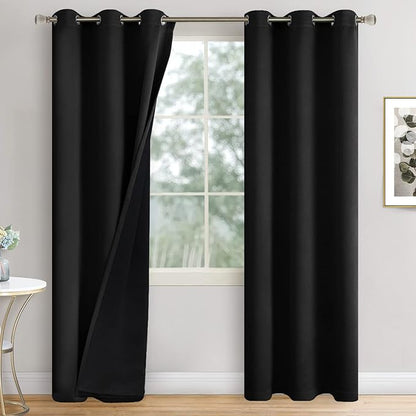 Black Blackout Curtains 84 Inch Length 2 Panels for Living Room, Thermal Insulated 100% Light Blocking Soundproof Grommet Window Curtains for Bedroom with Liner, Each 42 Inch Wide