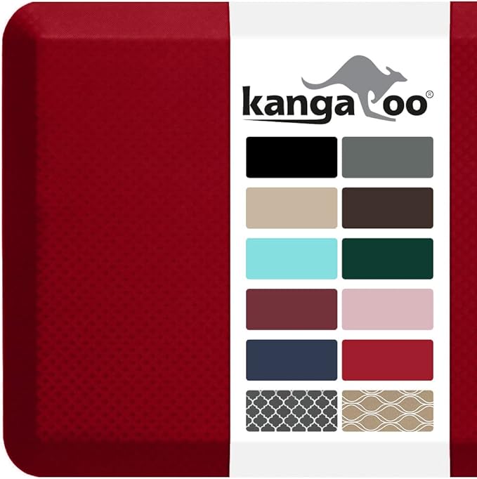 KANGAROO Thick Ergonomic Anti Fatigue Mats for Kitchen Floor, 70x24 Runner, Cushioned Standing Office Desk Mat, Waterproof Scratch Resistant Topside, Supportive All Day Comfort Padded Foam Rugs, Red