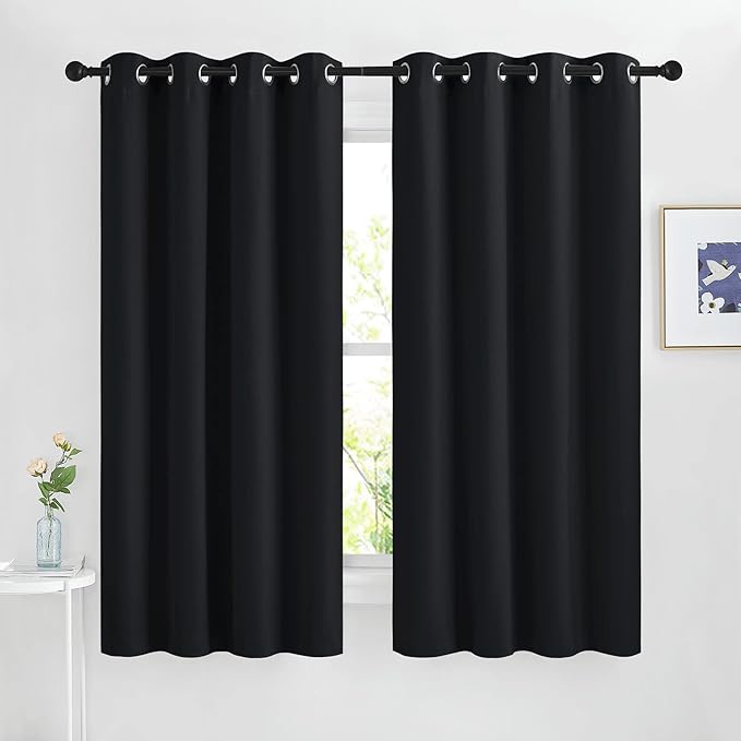 NICETOWN Black Curtains for Boys Room - Blackout Thermal Insulated Window Treatment Solid Grommet Room Darkening for Bedroom/Night Shift (Set of 2, W46 x L63)