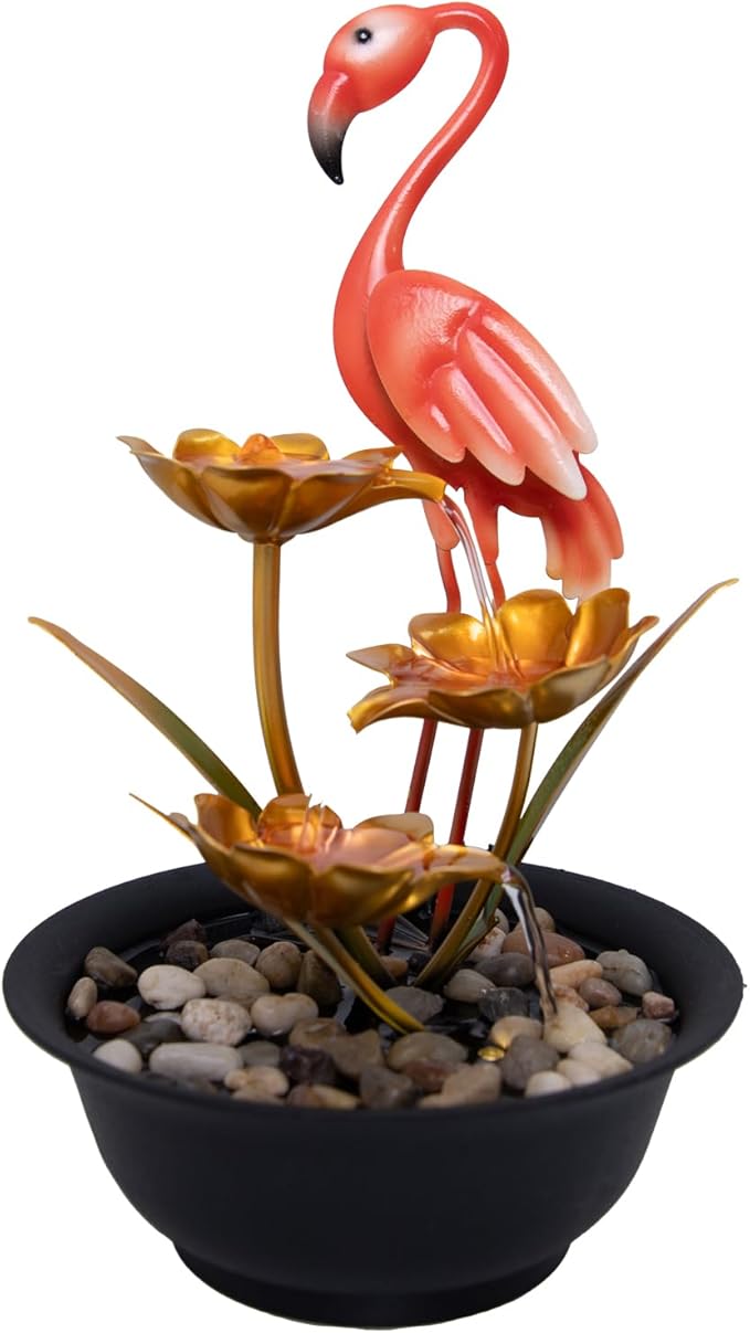 Ferrisland Tabletop Fountain Indoor with LED Lights, Flamingo & Lotus 14" 3-Tier Water Fountain with Submersible Pump, Metal Lightweight Compact Desktop Fountain & Decoration for Home Bedroom Office