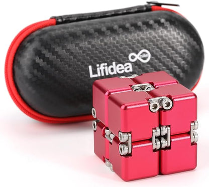 Aluminum Alloy Metal Infinity Cube Fidget Cube (6 Colors) Handheld Fidget Toy Desk Toy with Cool Case Infinity Magic Cube Relieve Stress Anxiety ADHD OCD for Kids and Adults (Red)