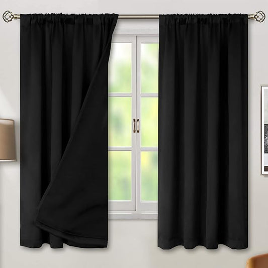 BGment Thermal Insulated 100% Blackout Curtains for Bedroom with Black Liner, Double Layer Full Room Darkening Noise Reducing Rod Pocket Curtain (52 x 63 Inch, Black, 2 Panels)