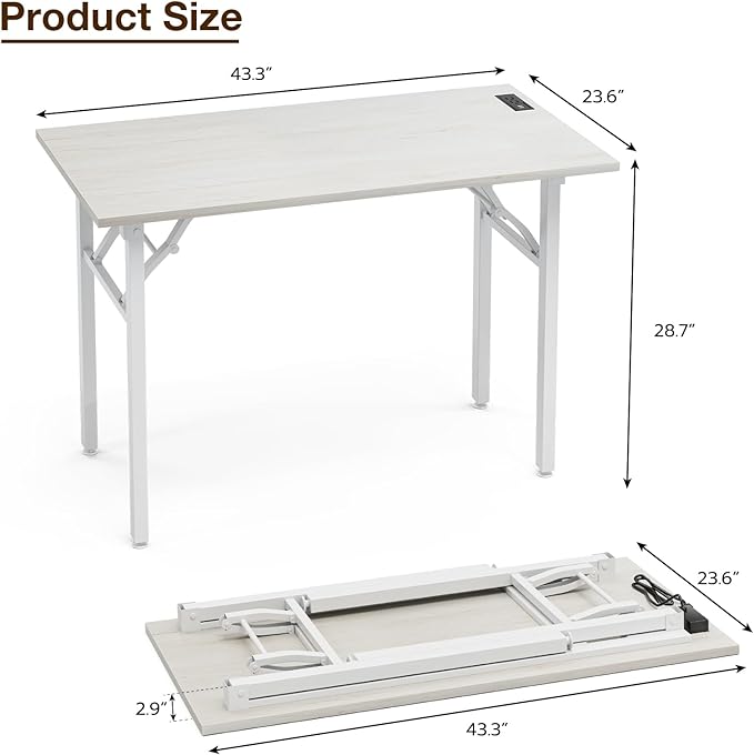 TEMI Small Computer Desk Folding Table - No Assembly, Compact 43.3" Foldable Desk with Power Outlets & USB Charging Port, Portable Small Office Desk, Ideal Mini Study Table for Small Spaces, White