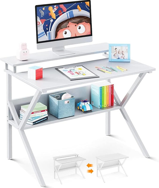 ODK Small Computer Desk, 27.5 inch Desk for Small Spaces with Storage, Compact Table with Monitor & Storage Shelves for Home Office, Modern Style Laptop Desk, Pure White