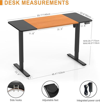 Electric Standing Desk, 55" x 23.6" Height Adjustable Sit Stand Desk with Splice Board for Home Office, Computer Desk Memory Preset (Black Frame, Black & Cherry Desktop)