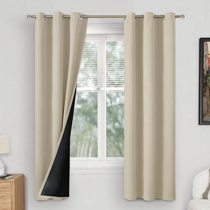 Beige Blackout Curtains for Bedroom 72 Inch Length 2 Panels，Thermal Insulated 100% Light Blocking Soundproof Grommet Window Curtains for Living Room with Liner, Each 42 Inch Wide