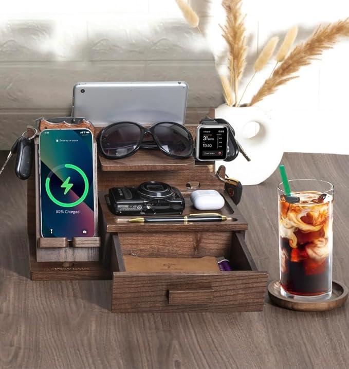 Wood Phone Docking Station with Drawer, Compatible With Apple Watch and MagSafe - Wood Charging Station Organizer Stand, Bedside Nightstand Organizer for Men, Holds Phone, Tablet, Keys, Glasses, EDC