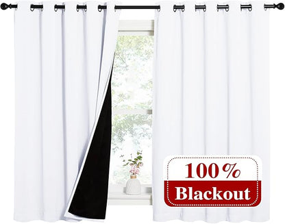 NICETOWN White 100% Blackout Lined Curtains, 2 Thick Layers Completely Blackout Window Treatment Thermal Insulated Drapes for Kitchen/Bedroom (1 Pair, 62 inches Width x 63 inches Length Each Panel)