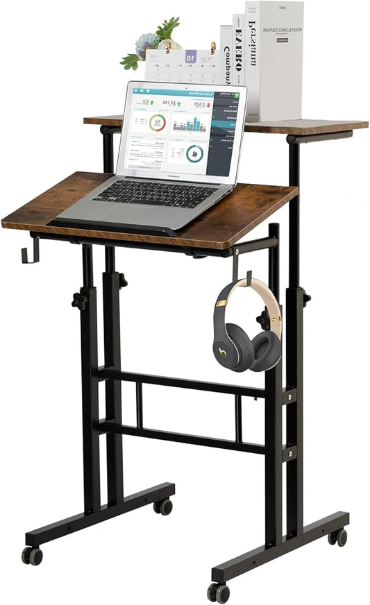 SIDUCAL Mobile Standing Desk, Portable Stand Up Desk, Small Adjustable Standing Desk Converter with Wheels Home Office Workstation, Rolling Desk Laptop Cart for Standing or Sitting, Rustic Brown