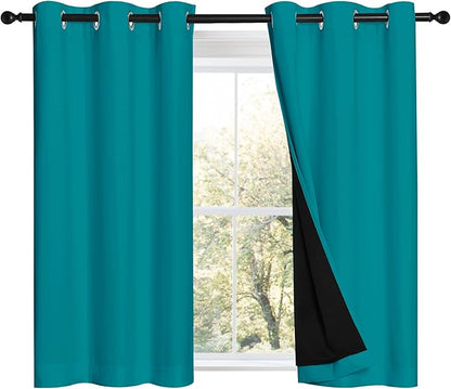 NICETOWN Peacock Teal 100% Blackout Curtains 45 inches Long, 2 Thick Layers Completely Blackout Window Treatment Thermal Insulated Lined Drapes for Small Window (1 Pair, 42 inches Width Each Panel)