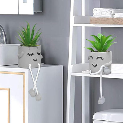 Zerzsy Faux Succulents in Cement Pots with Hanging Leg, Potted Mini Fake Plants for Desk Decor,Kitchen Shelf Decor, Office Decor for Women,Bathroom Shelf Plants Decoration- Set of 2