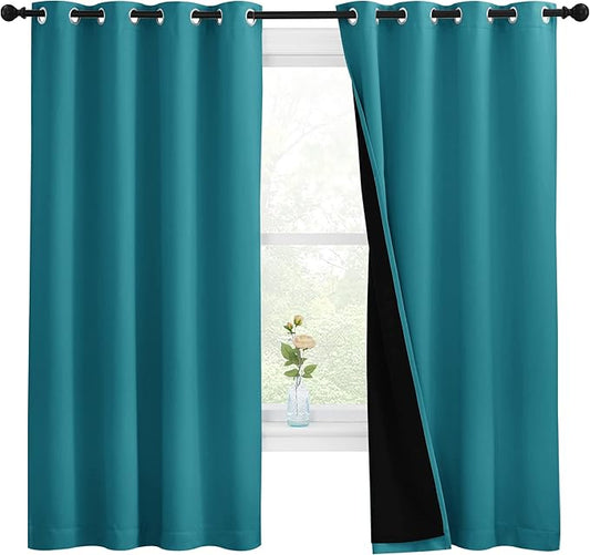 NICETOWN 100% Blackout Curtains with Black Liner, Thermal Insulated Full Blackout 2-Layer Lined Drapes, Energy Efficiency Window Draperies for Bedroom (Peacock Teal, 2 Panels, 55-inch W by 68-inch L)