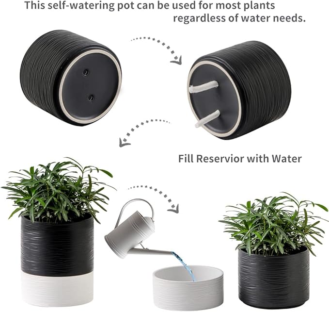 Nihow Self Watering Plant Pot: 6 Inch Ceramic Planter with Drainage Hole & Water Storage Plus for Indoor & Outdoor Plants - Cylinder Round Flower Pot for Succulent/Herbs/Violets - Black & White