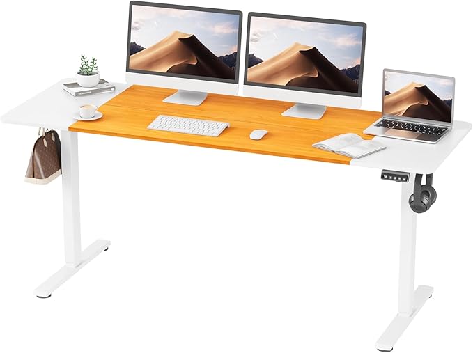 Electric Standing Desk, 67" x 23.6" Height Adjustable Sit Stand Desk with Splice Board for Home Office, Computer Desk Memory Preset (White Frame, White & Cherry Desktop)