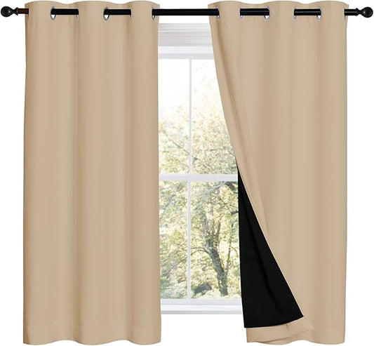 NICETOWN Cold Reducing Curtains, Bedroom Full Blackout Panels, Great Job for Blocking Light, Complete Blackout Draperies with Black Liner for Night Shift (Biscotti Beige, Set of 2, 42 by 54-inch)