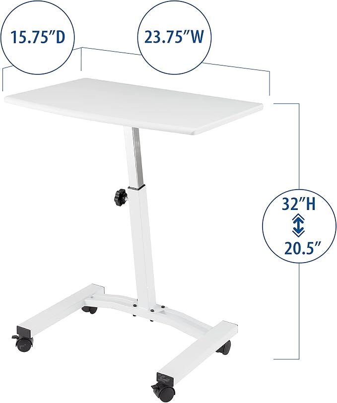 Seville Classics Airlift Mobile Height Adjustable Laptop Stand Computer Workstation for Sitting Classroom Home Office Medical Table w/Wheels, Flat Desk 24", White