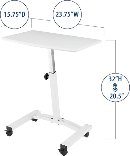 Seville Classics Airlift Mobile Height Adjustable Laptop Stand Computer Workstation for Sitting Classroom Home Office Medical Table w/Wheels, Flat Desk 24", White