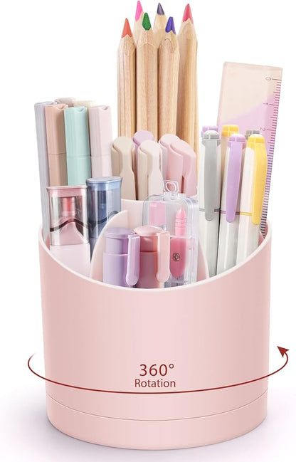 Desk Organizer,360 Degree Rotating Pen Holder for Desk,Nordic Style Pencil Organizer Cup,Modern Office Desk Accessories with 7 Slots Caddy for Desktop,School,Home,Cosmetics(Pink)