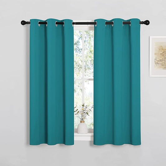 NICETOWN Short Blackout Curtains for Kitchen Window - Grommet Room Darkening Voice Reducing Solid Thermal Curtains & Drapes for Small Windows, Peacock Teal, W34 x L50, 2 Panels