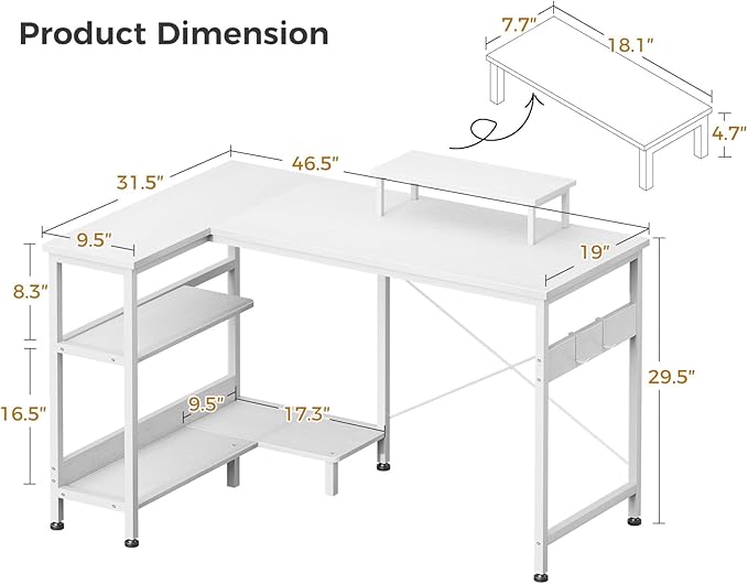 ODK 47 Inch Small L Shaped Computer Desk with Reversible Storage Shelves, L-Shaped Corner Desk with Monitor Stand for Small Space, Modern Simple Writing Table for Home Office Workstation, White